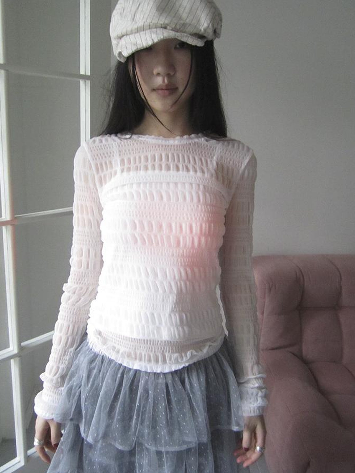 Updateang project Vintage Sweet Ruffled Lace Mesh Long Sleeve V Neck T Shirt