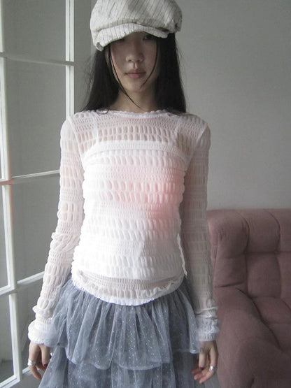 Vintage Sweet Ruffled Lace Mesh Long Sleeve V Neck T Shirt