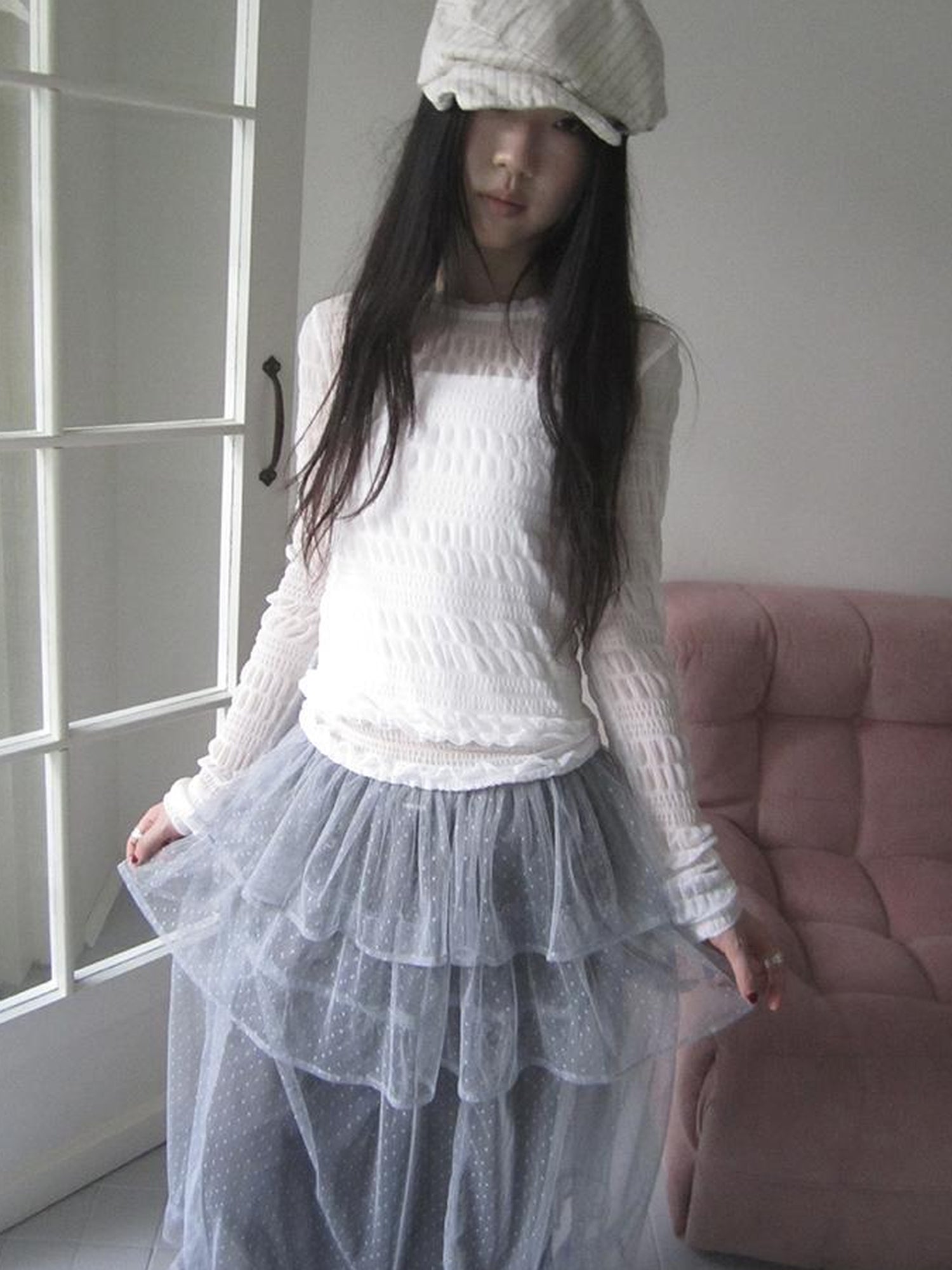 Updateang project Vintage Sweet Ruffled Lace Mesh Long Sleeve V Neck T Shirt