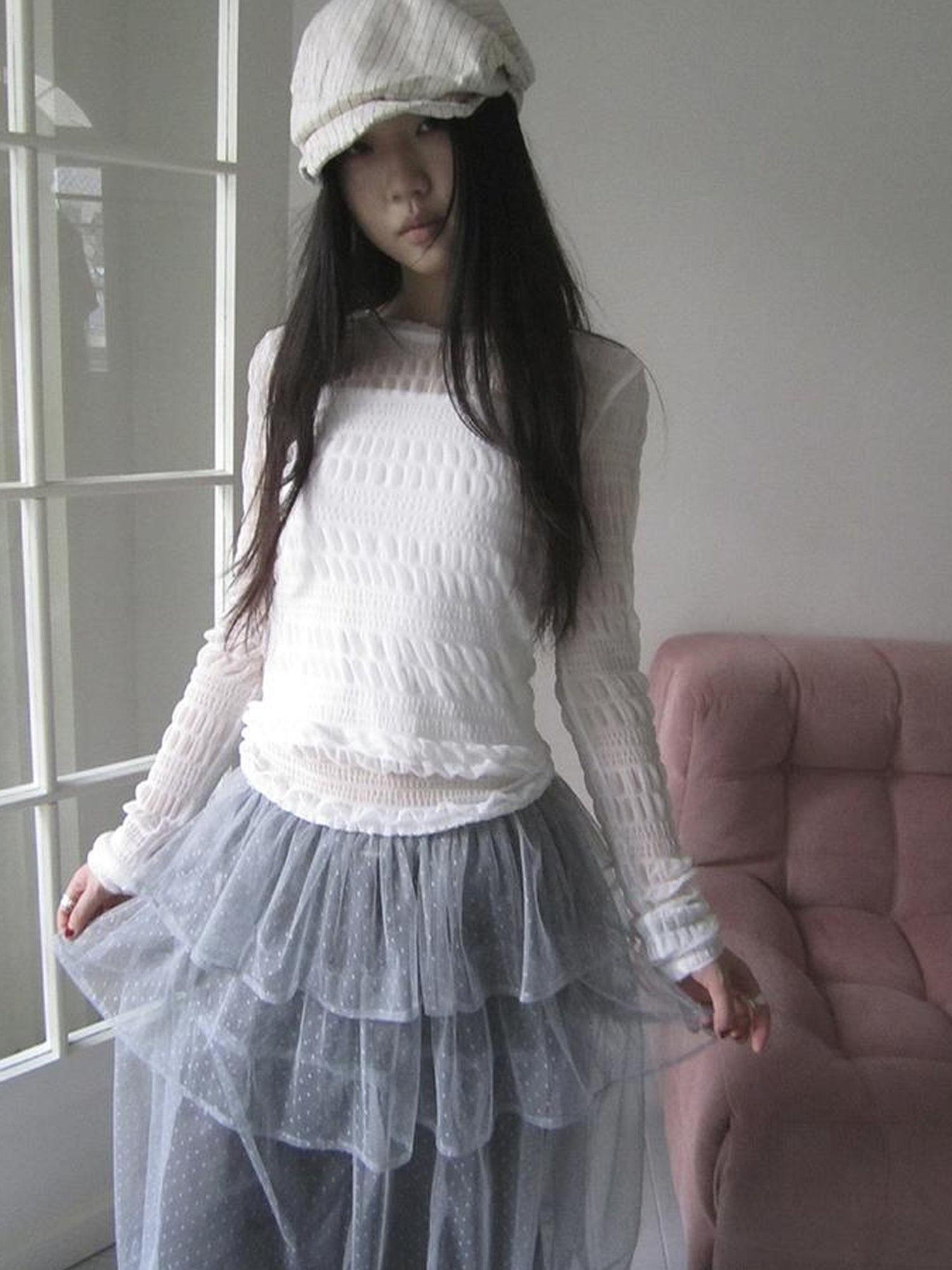 Updateang project Vintage Sweet Ruffled Lace Mesh Long Sleeve V Neck T Shirt
