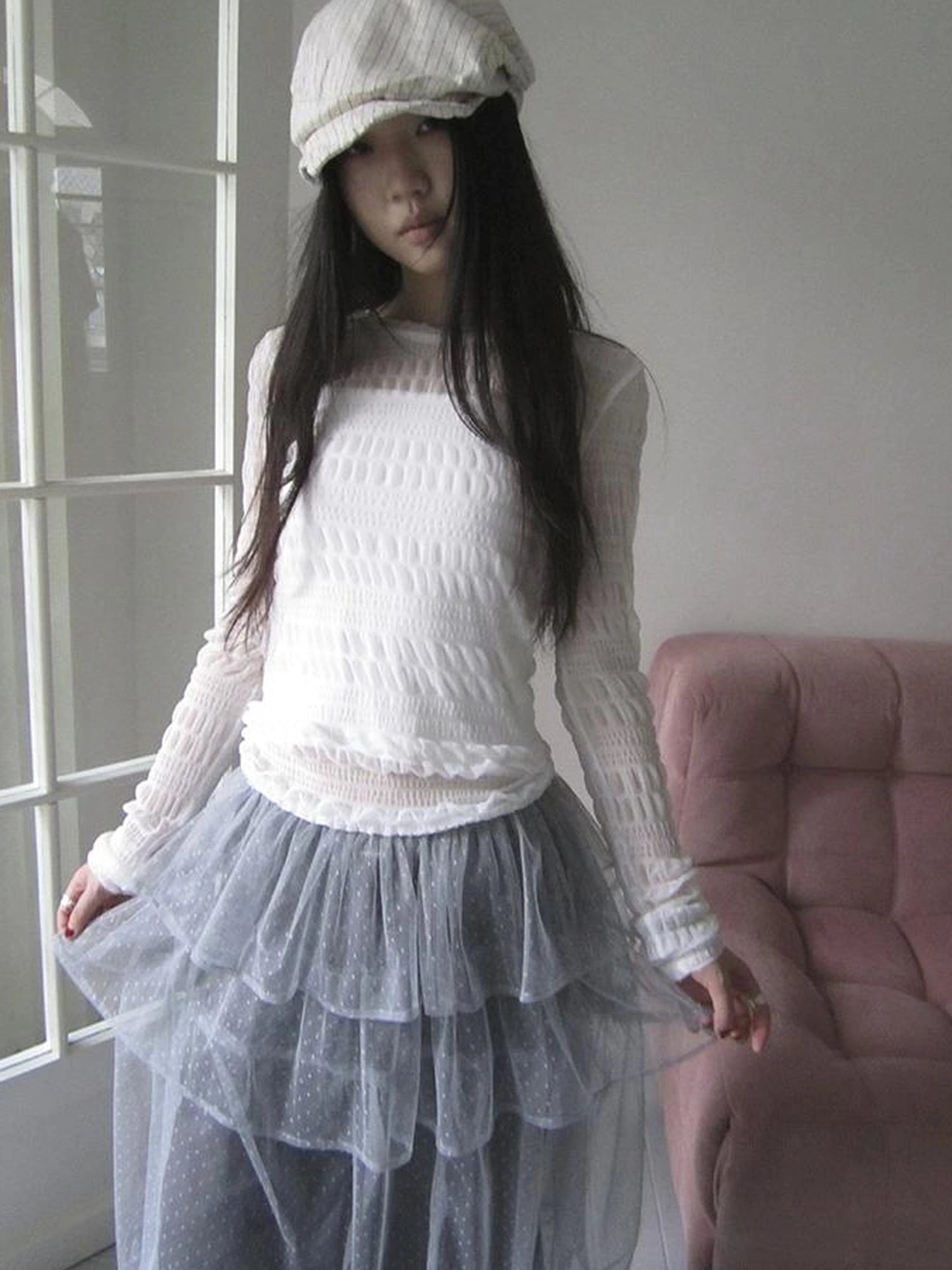 Vintage Sweet Ruffled Lace Mesh Long Sleeve V Neck T Shirt