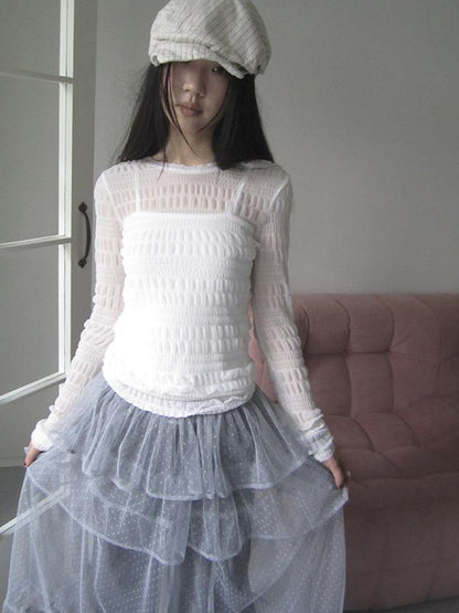 Updateang project Vintage Sweet Ruffled Lace Mesh Long Sleeve V Neck T Shirt