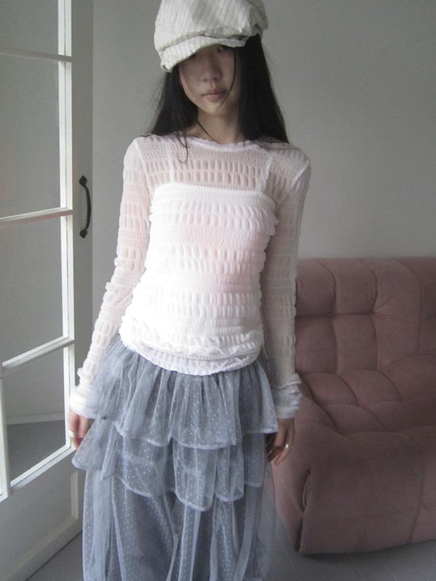 Updateang project Vintage Sweet Ruffled Lace Mesh Long Sleeve V Neck T Shirt
