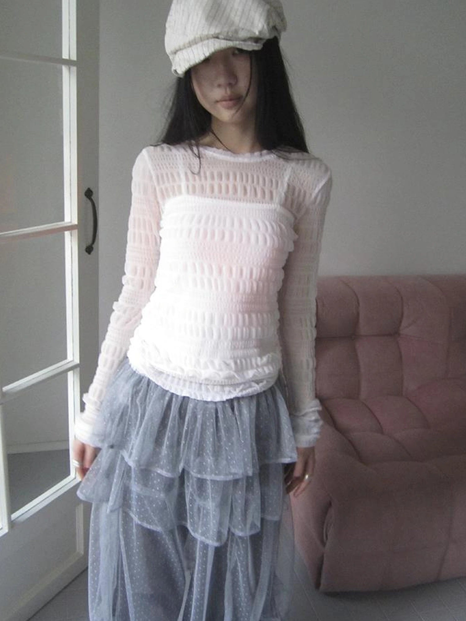 Vintage Sweet Ruffled Lace Mesh Long Sleeve V Neck T Shirt