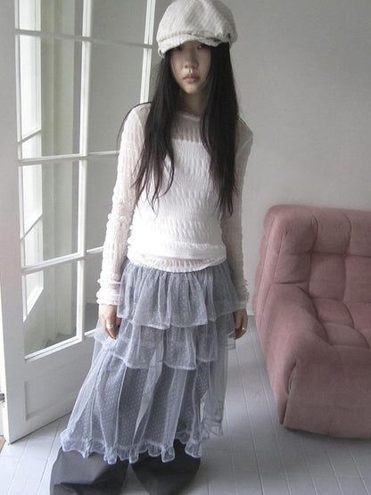 Updateang project Vintage Sweet Ruffled Lace Mesh Long Sleeve V Neck T Shirt