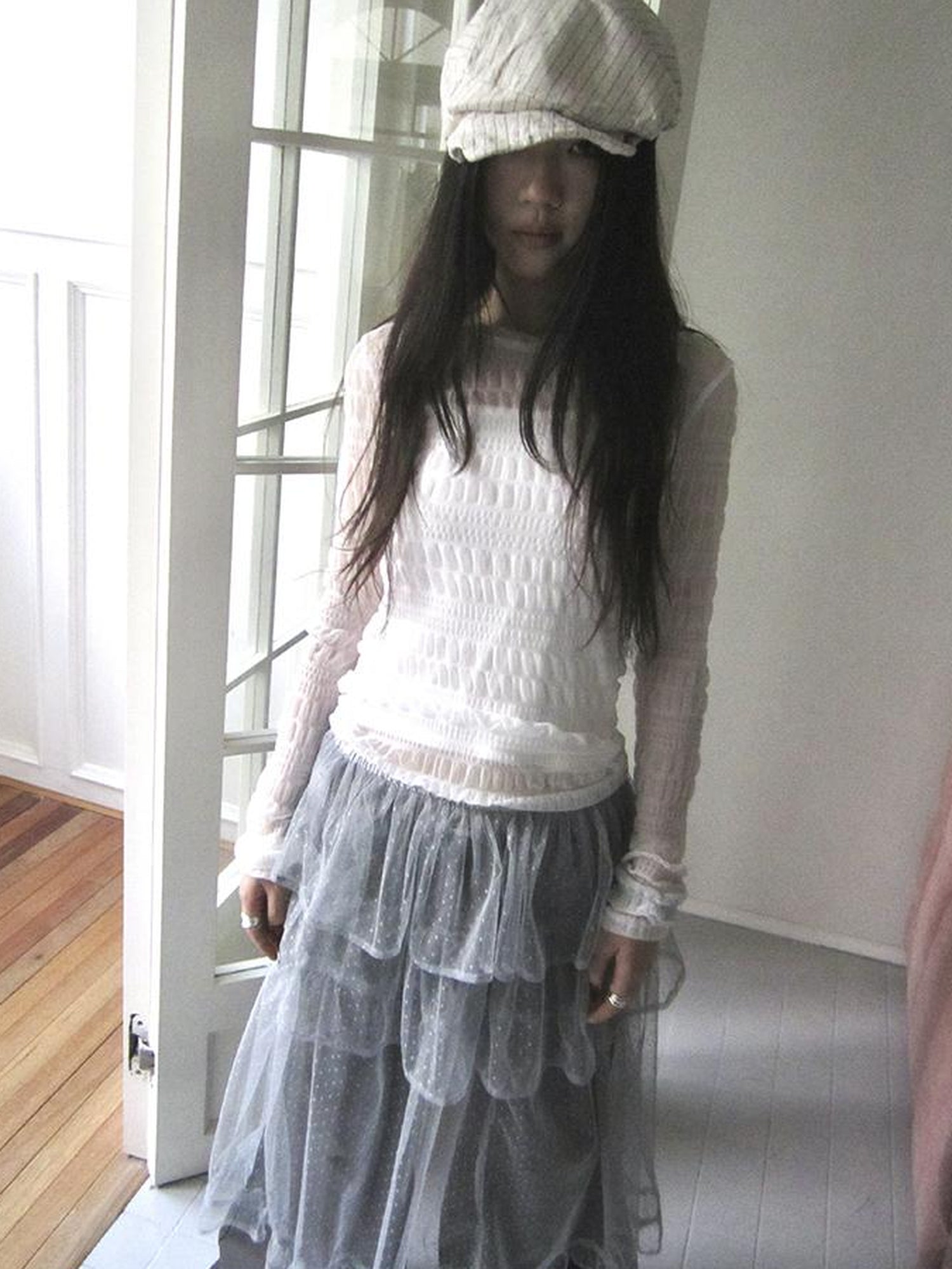 Updateang project Vintage Sweet Ruffled Lace Mesh Long Sleeve V Neck T Shirt