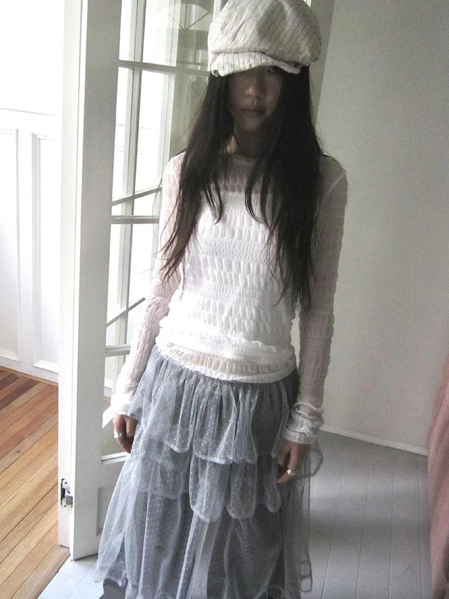 Vintage Sweet Ruffled Lace Mesh Long Sleeve V Neck T Shirt