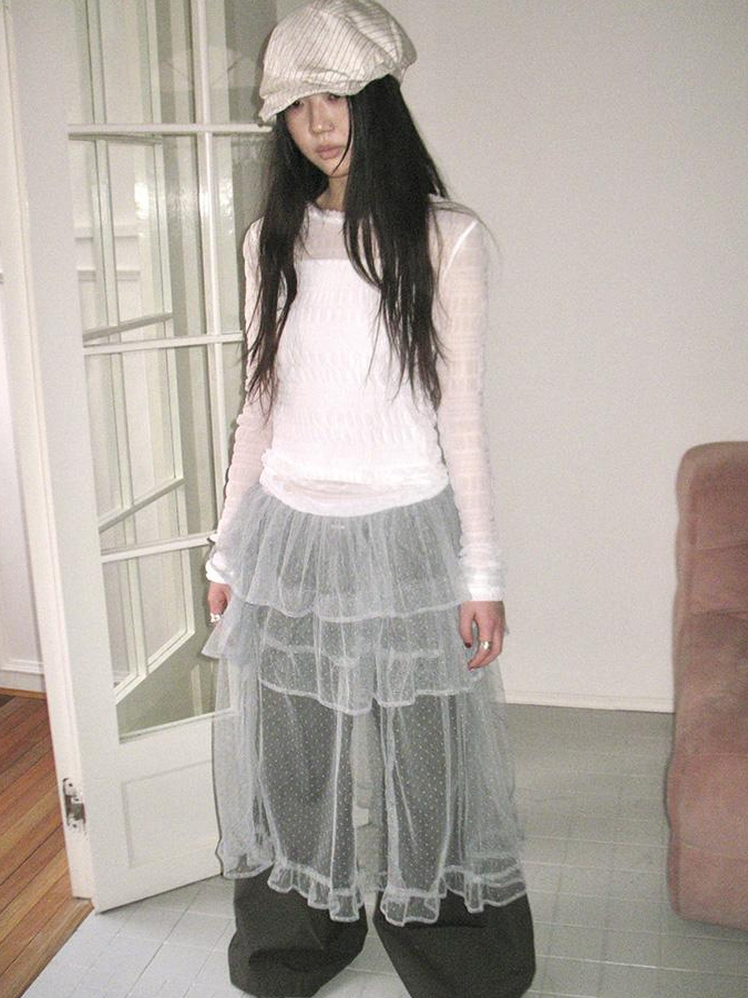 Updateang project Vintage Sweet Ruffled Lace Mesh Long Sleeve V Neck T Shirt