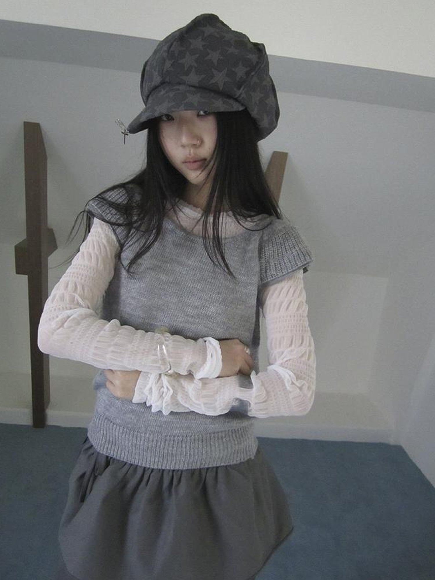 Updateang project Vintage Sweet Ruffled Lace Mesh Long Sleeve V Neck T Shirt