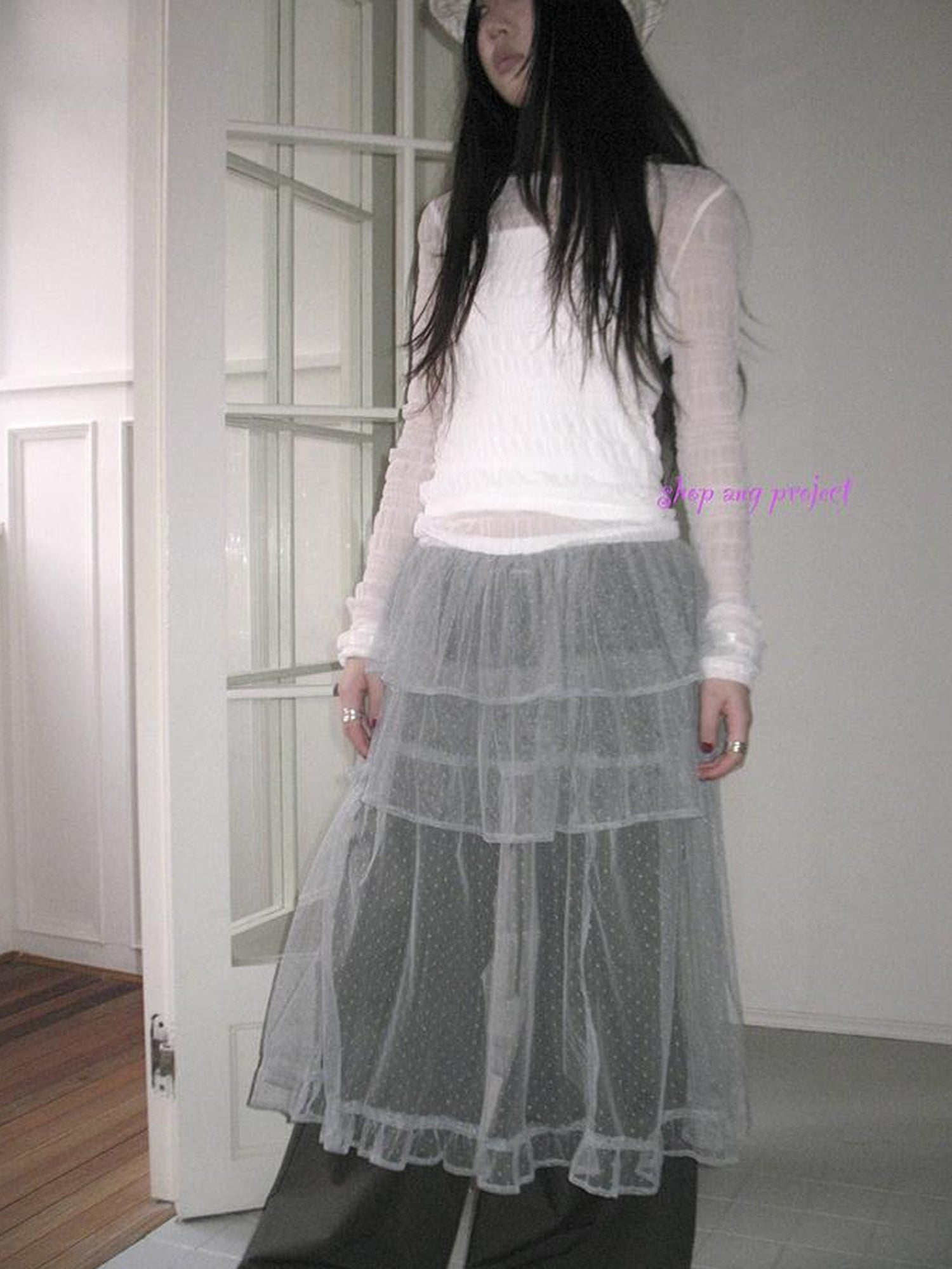 Updateang project Vintage Sweet Ruffled Lace Mesh Long Sleeve V Neck T Shirt
