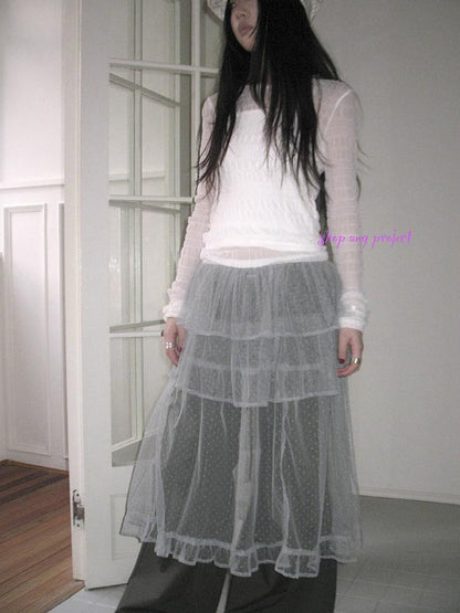 Updateang project Vintage Sweet Ruffled Lace Mesh Long Sleeve V Neck T Shirt