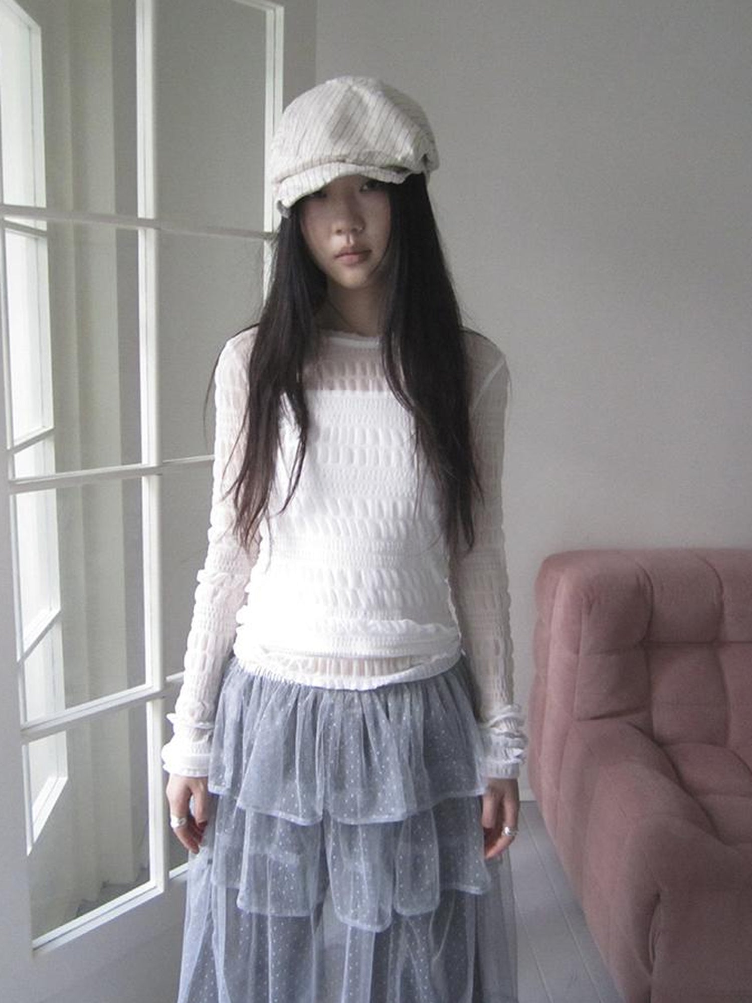 Updateang project Vintage Sweet Ruffled Lace Mesh Long Sleeve V Neck T Shirt
