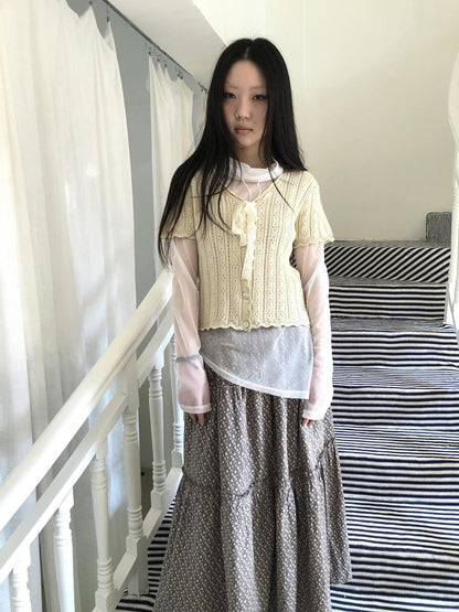 ang project Vintage Sweet V-neck Lace Tie Button Cutout Short Sleeve Women&
