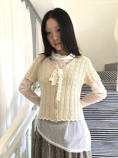 ang project Vintage Sweet V-neck Lace Tie Button Cutout Short Sleeve Women&