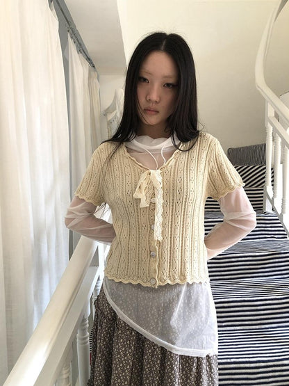 ang project Vintage Sweet V-neck Lace Tie Button Cutout Short Sleeve Women&