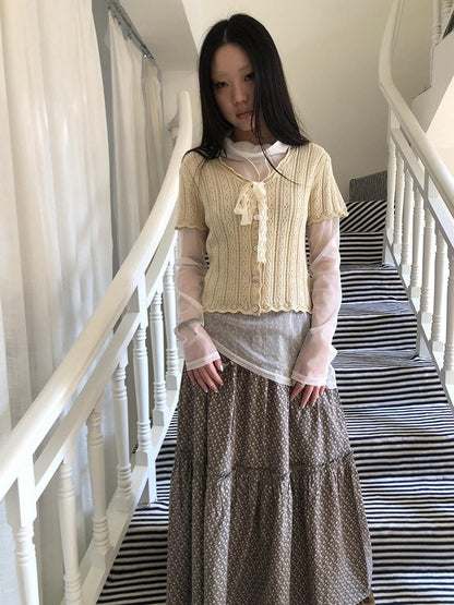 ang project Vintage Sweet V-neck Lace Tie Button Cutout Short Sleeve Women&