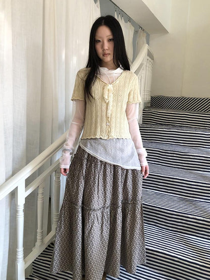 ang project Vintage Sweet V-neck Lace Tie Button Cutout Short Sleeve Women&