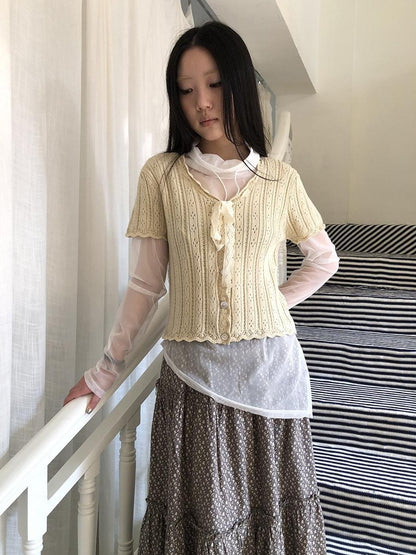 ang project Vintage Sweet V-neck Lace Tie Button Cutout Short Sleeve Women&