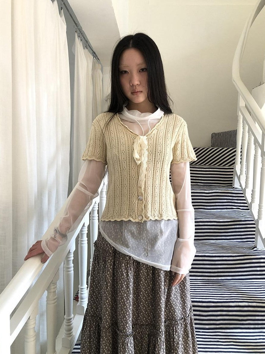 ang project Vintage Sweet V-neck Lace Tie Button Cutout Short Sleeve Women&