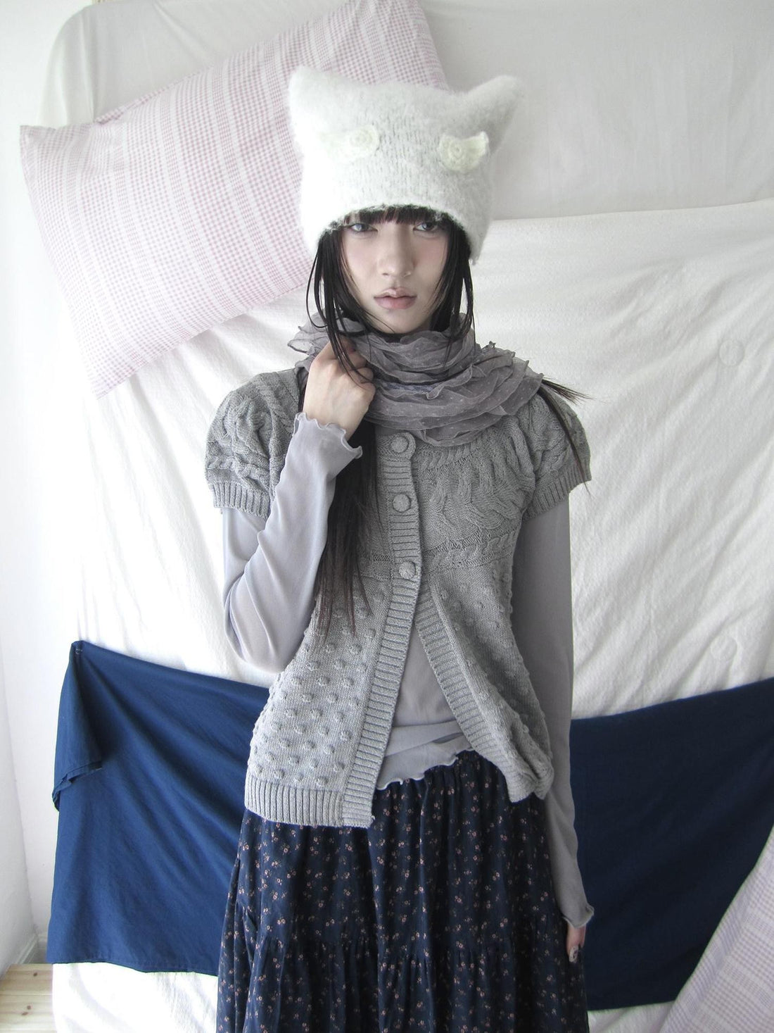 ang project Vintage Textured Cable Knit Button Short Sleeve Women&