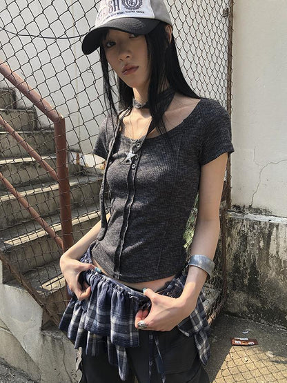 Updateang project Vintage Textured Ribbed Crew Neck Button Detail Tee With Scarf