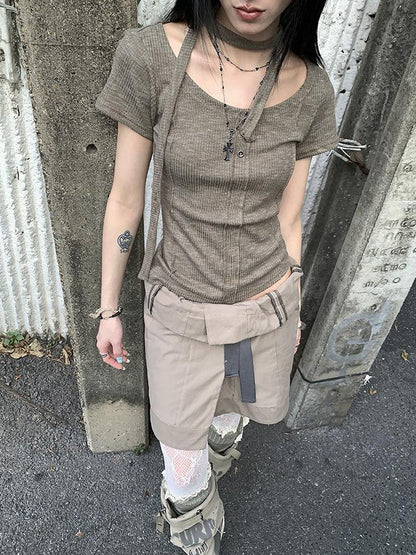 Updateang project Vintage Textured Ribbed Crew Neck Button Detail Tee With Scarf