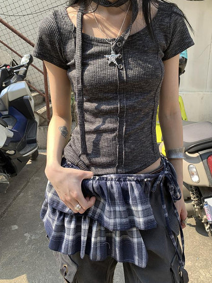 Updateang project Vintage Textured Ribbed Crew Neck Button Detail Tee With Scarf