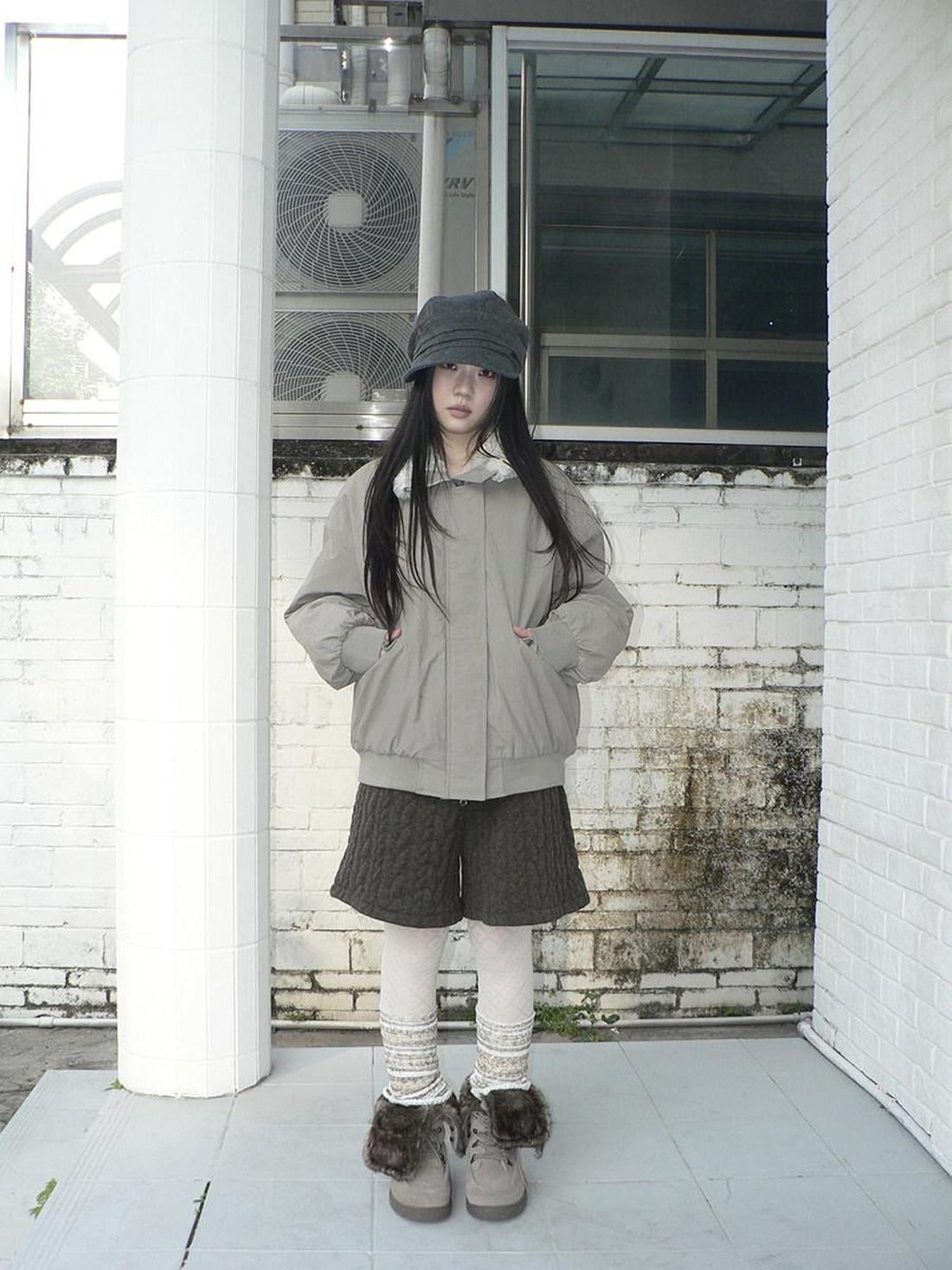 ang project Vintage Turn Down Collar Plush Lined Workwear Women&
