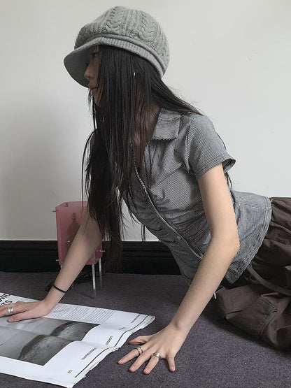 Updateang project Vintage V-Neck Striped Tee With Pleated Detail