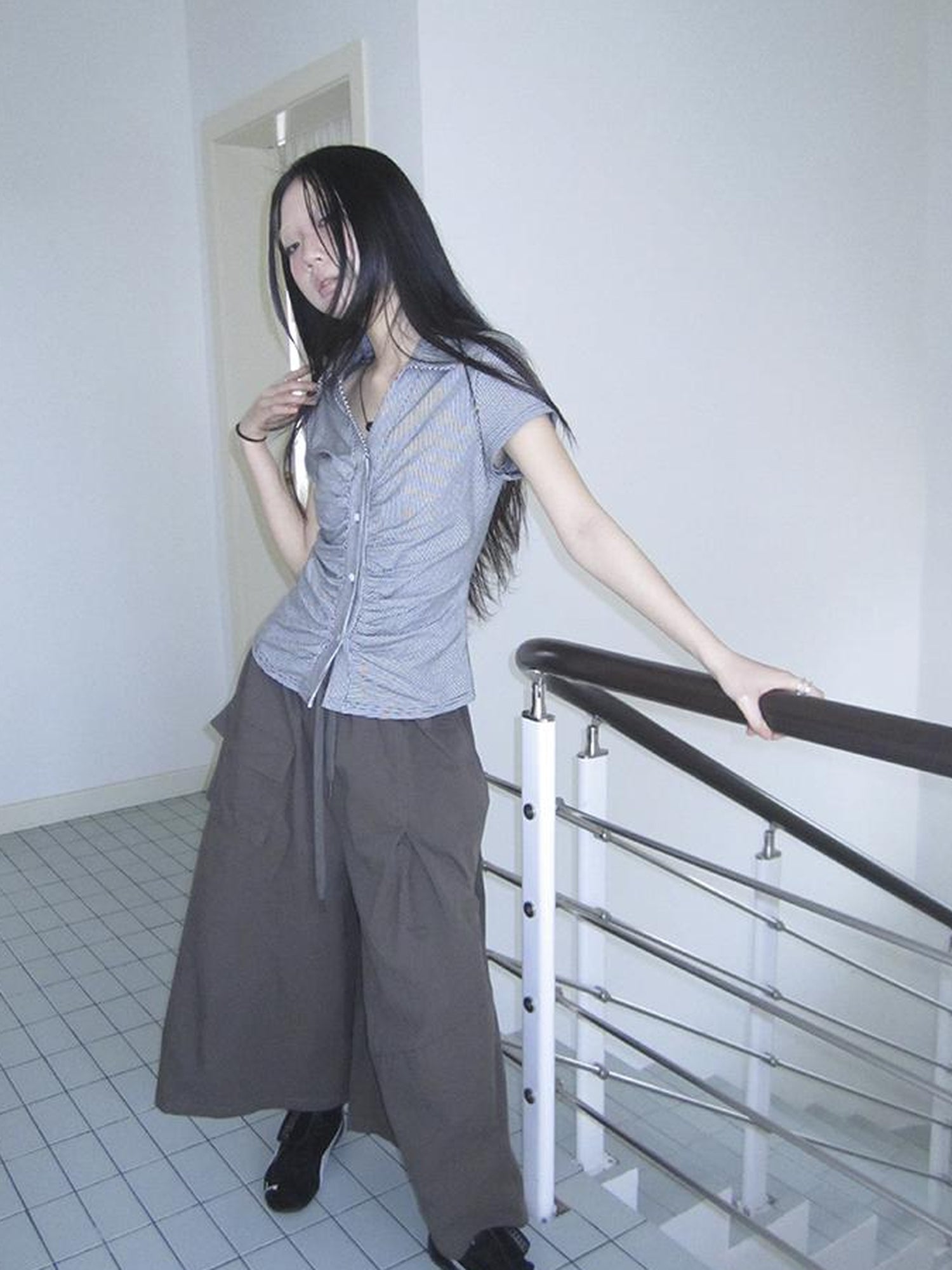 Updateang project Vintage V-Neck Striped Tee With Pleated Detail
