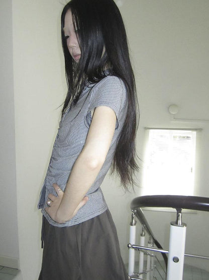 Updateang project Vintage V-Neck Striped Tee With Pleated Detail