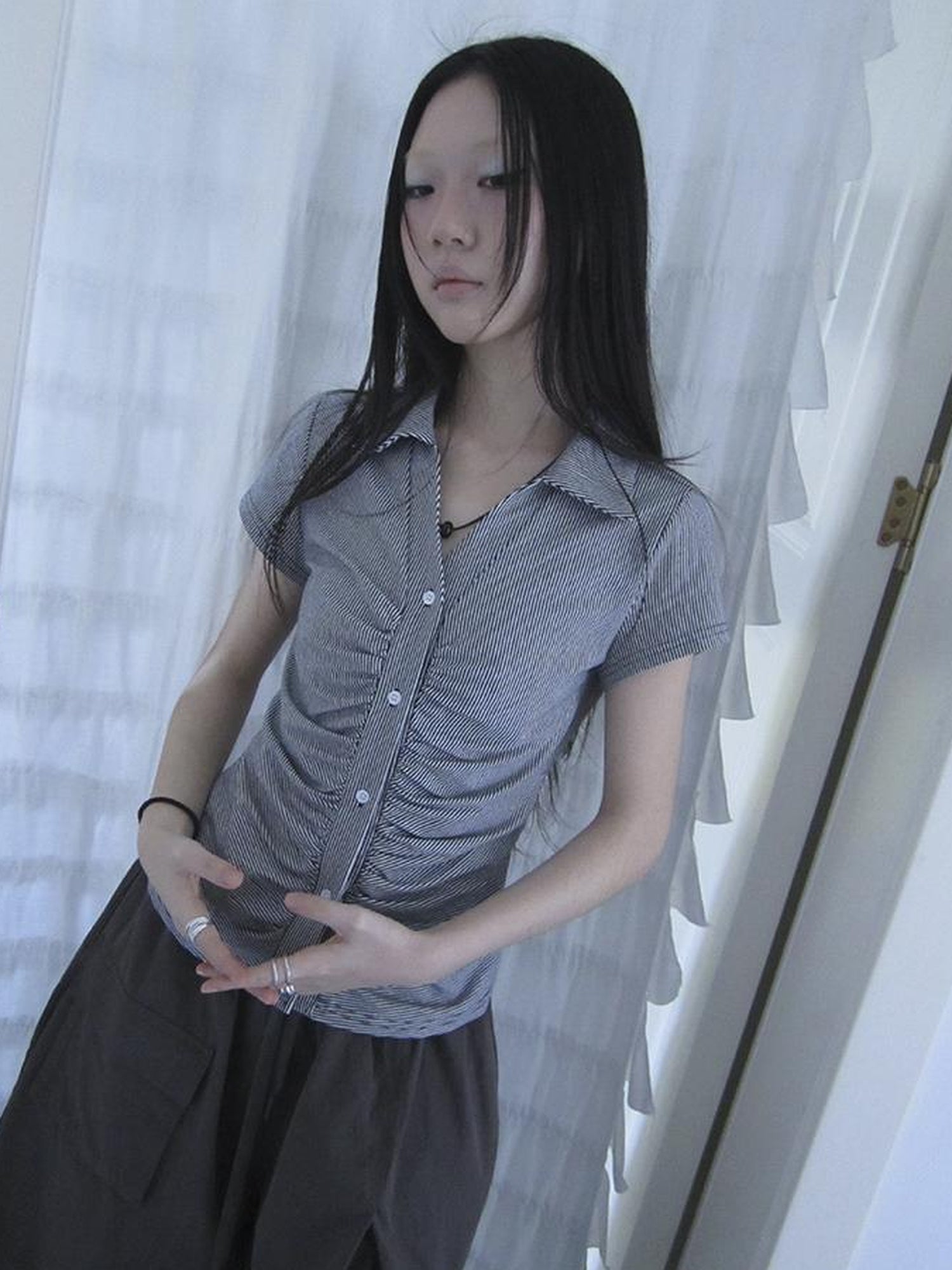 Updateang project Vintage V-Neck Striped Tee With Pleated Detail