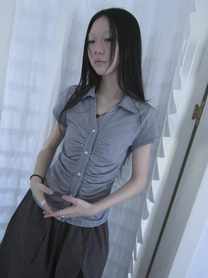 Vintage V-Neck Striped Tee With Pleated Detail