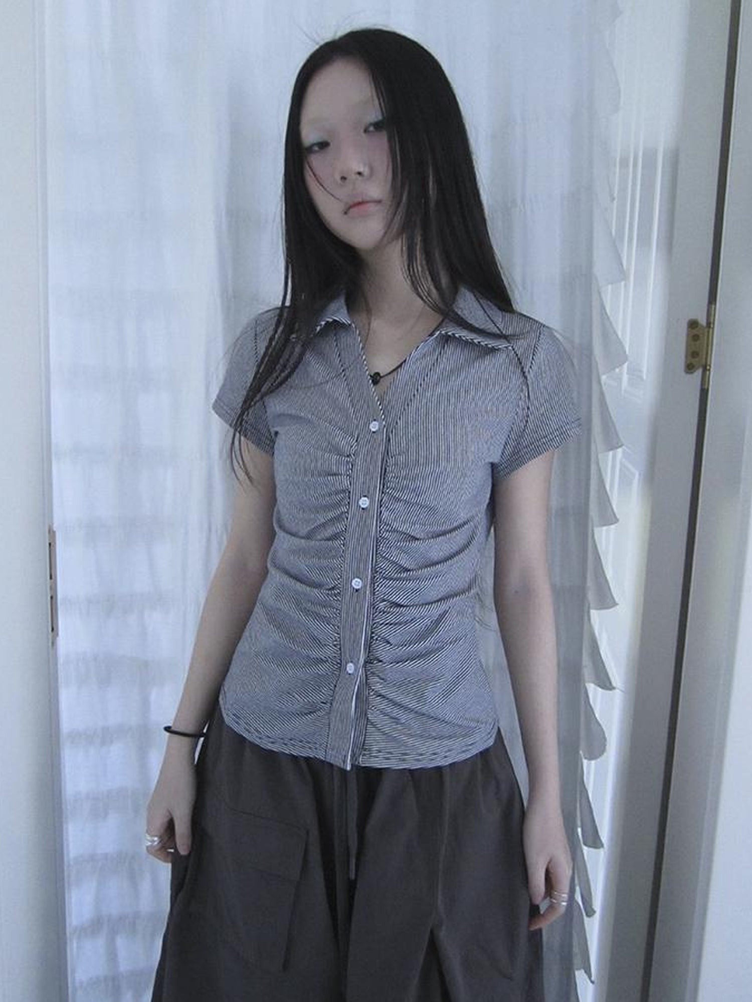 Updateang project Vintage V-Neck Striped Tee With Pleated Detail