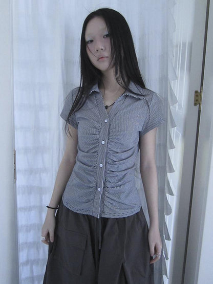 Updateang project Vintage V-Neck Striped Tee With Pleated Detail
