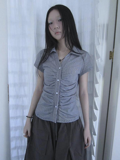 Vintage V-Neck Striped Tee With Pleated Detail