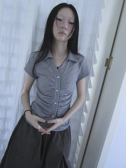 Updateang project Vintage V-Neck Striped Tee With Pleated Detail