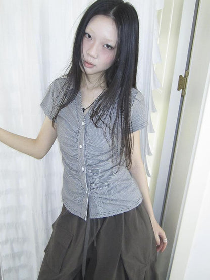 Updateang project Vintage V-Neck Striped Tee With Pleated Detail