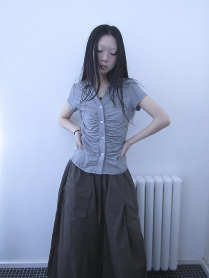 Updateang project Vintage V-Neck Striped Tee With Pleated Detail