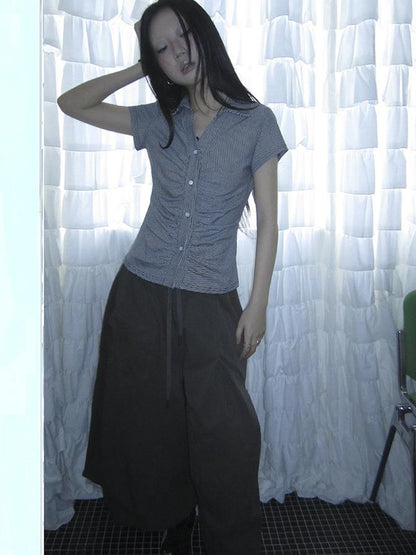 Updateang project Vintage V-Neck Striped Tee With Pleated Detail