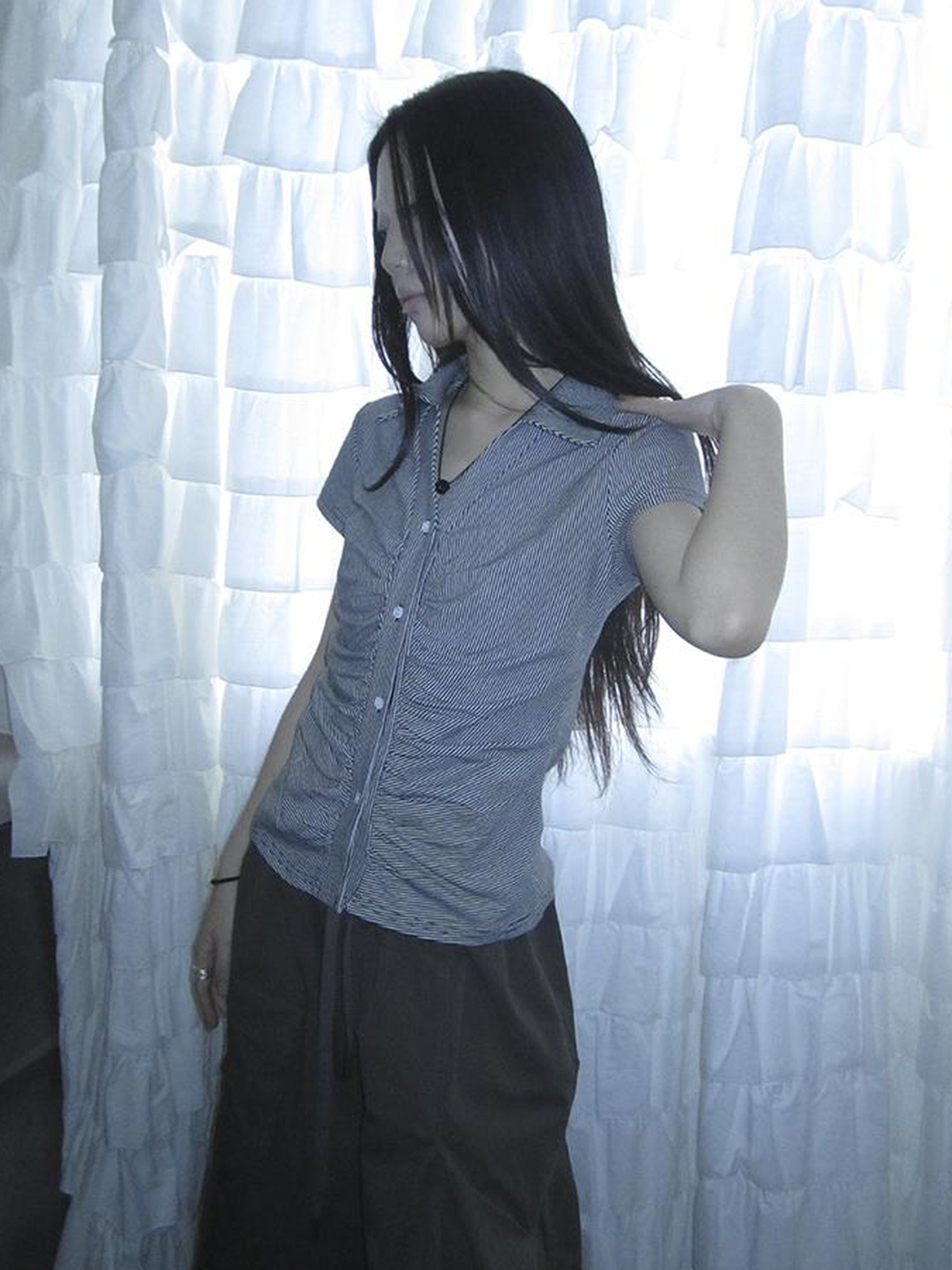 Updateang project Vintage V-Neck Striped Tee With Pleated Detail