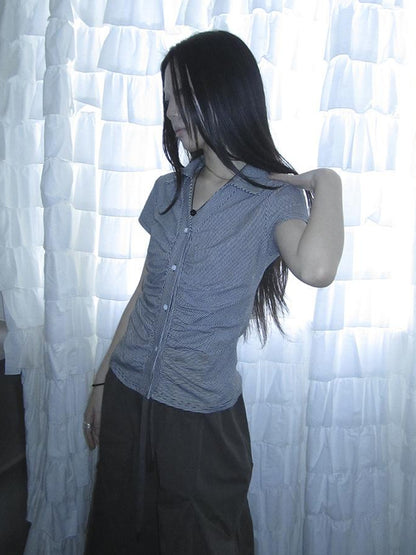 Updateang project Vintage V-Neck Striped Tee With Pleated Detail