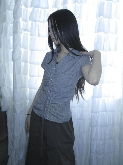 Vintage V-Neck Striped Tee With Pleated Detail