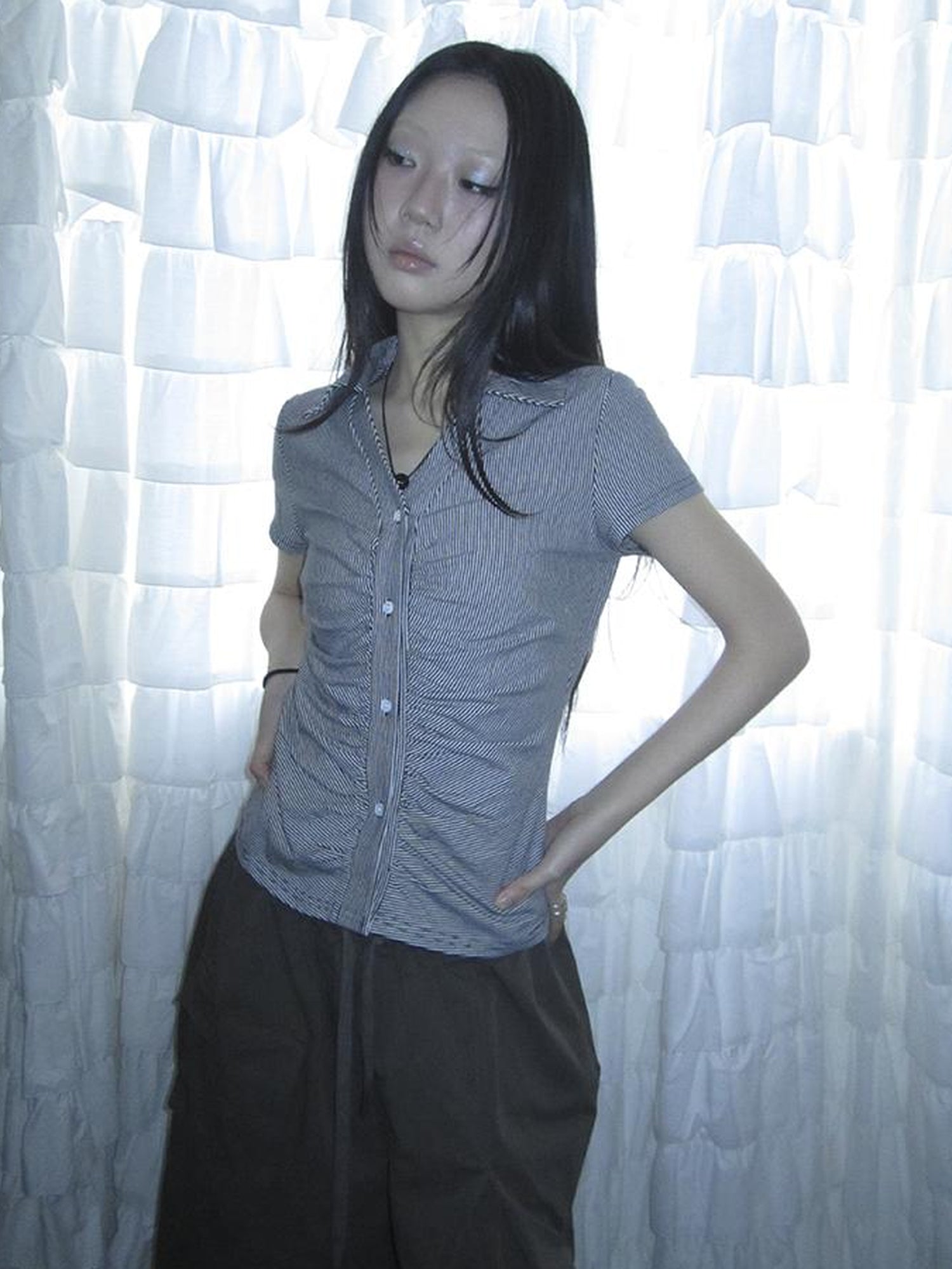 Updateang project Vintage V-Neck Striped Tee With Pleated Detail