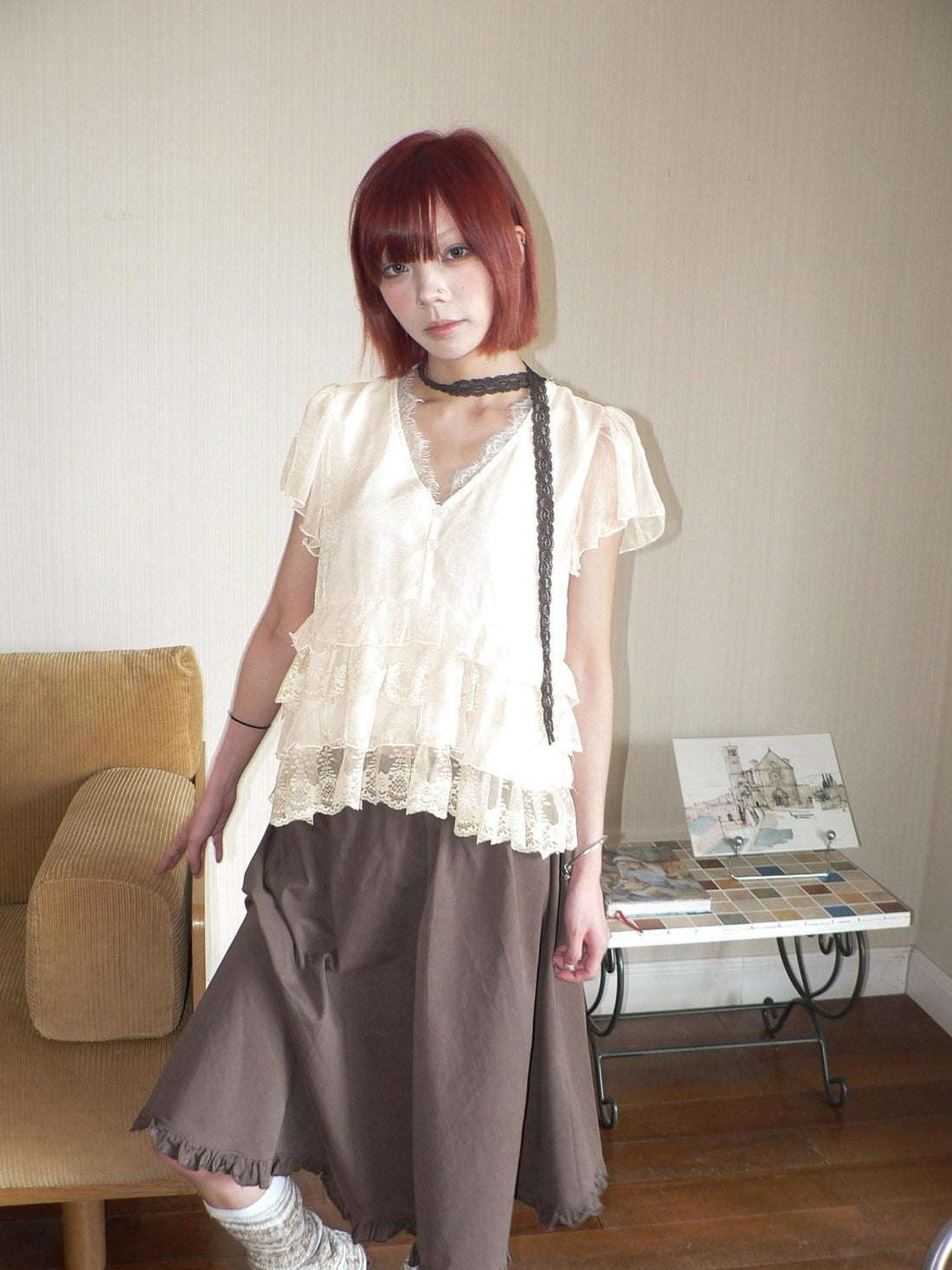 ang project Vintage V-neck Spliced Lace Ruffle Women&