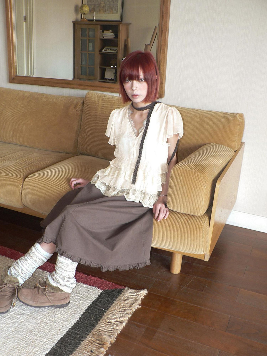 ang project Vintage V-neck Spliced Lace Ruffle Women&