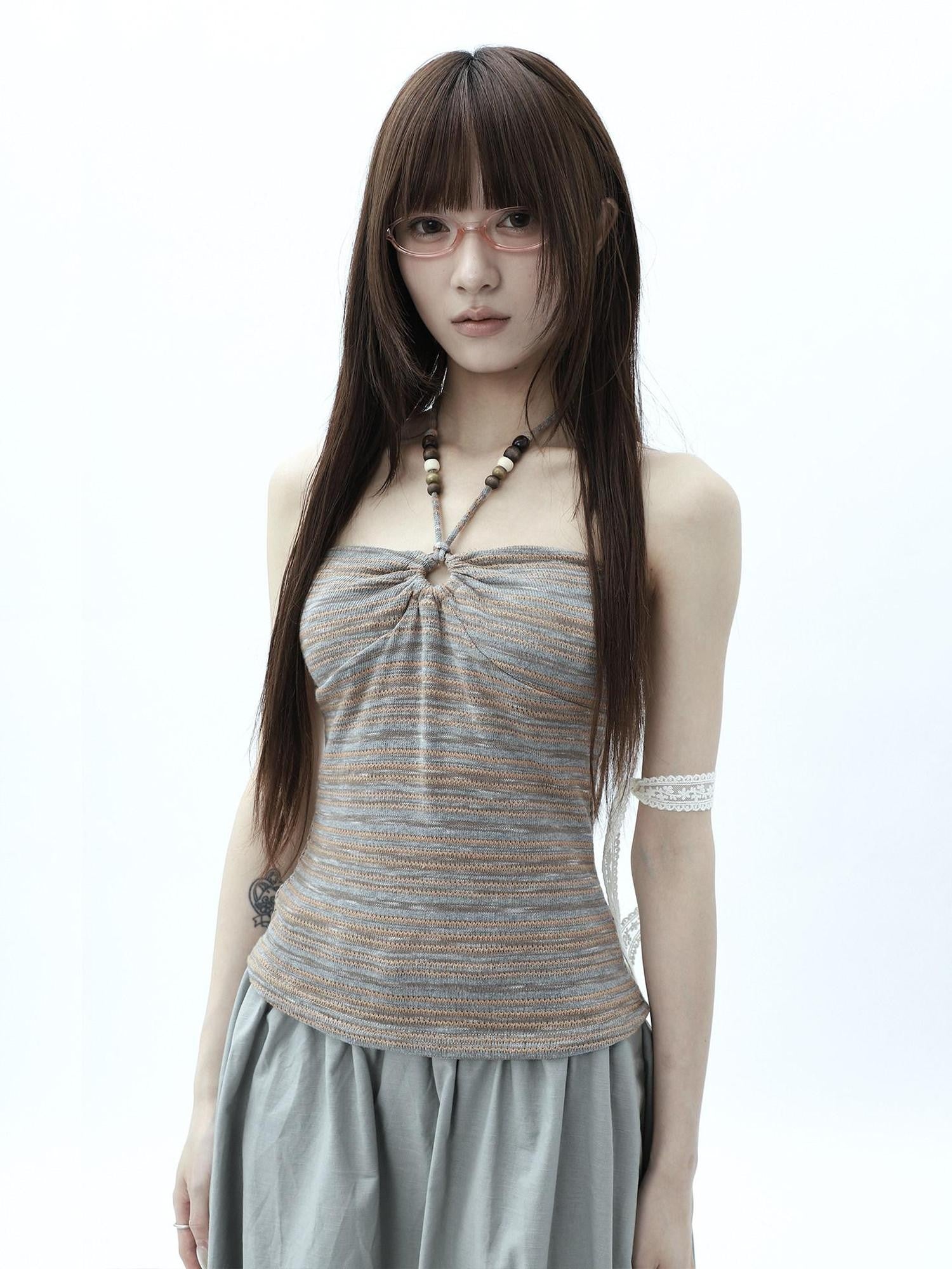 ang project Vintage Variegated Stripe Padded V-neck Halter Women&