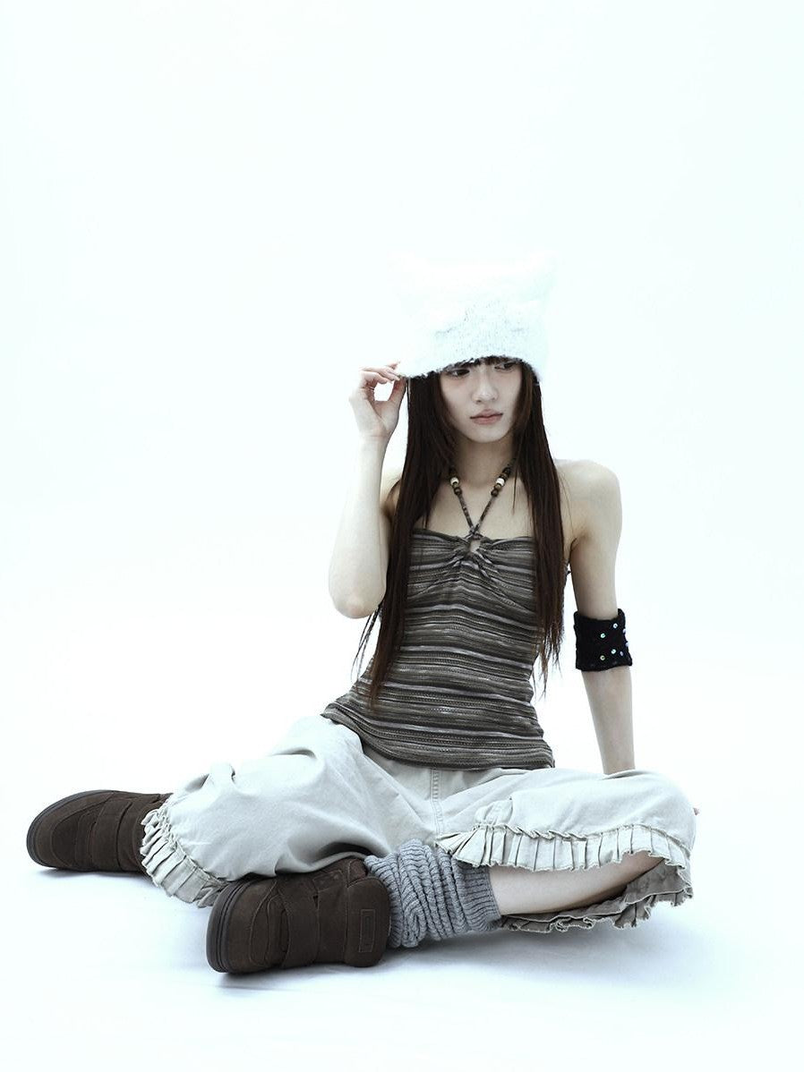 ang project Vintage Variegated Stripe Padded V-neck Halter Women&