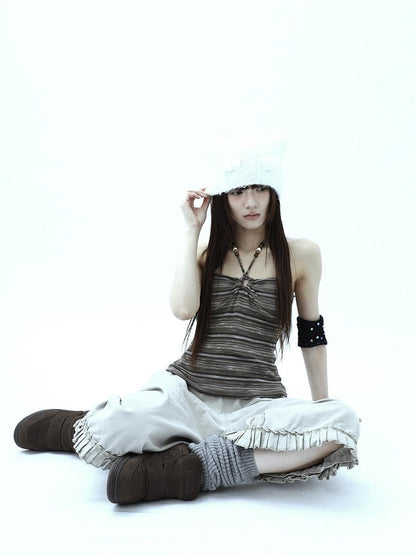 ang project Vintage Variegated Stripe Padded V-neck Halter Women&