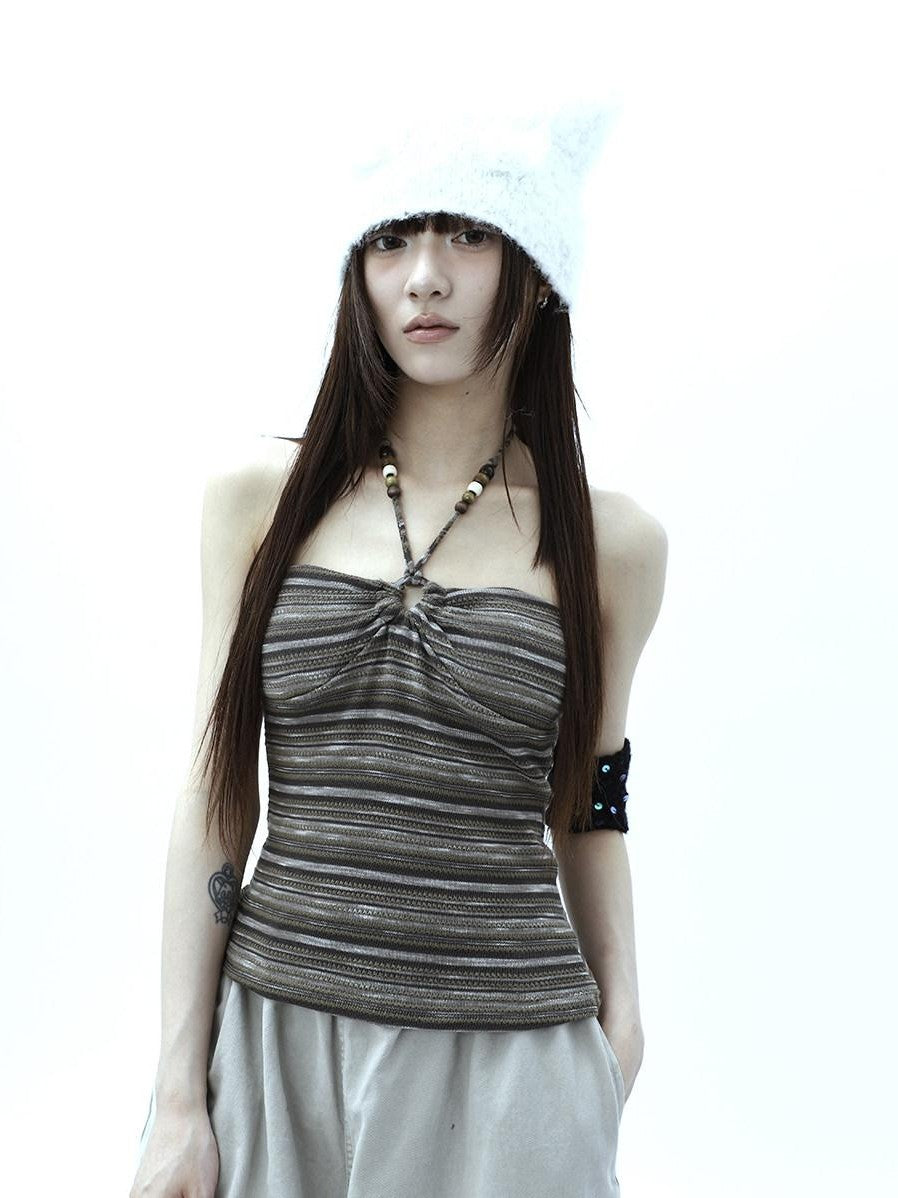 ang project Vintage Variegated Stripe Padded V-neck Halter Women&